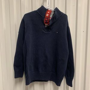 Tommy Hilfiger Kids Boys Size 7 Navy Sweater 1/4 Zip Red Patches